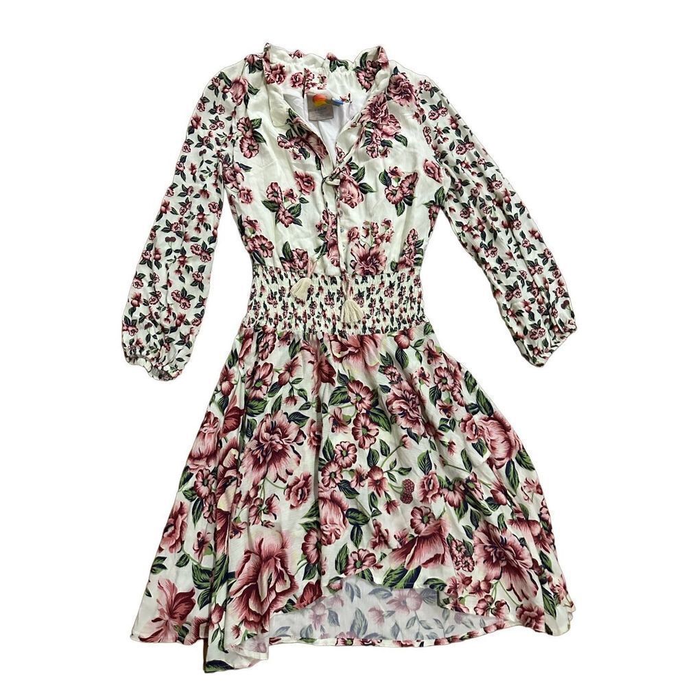 Farm Rio Anabela White Floral Smocked Ruched Waist Long Sleeve Dress XXS